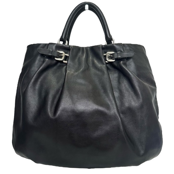 Prada Black Leather Shoulder Hand Bag Satchel Tote Soft Calf Skin Vintage - Picture 6 of 17